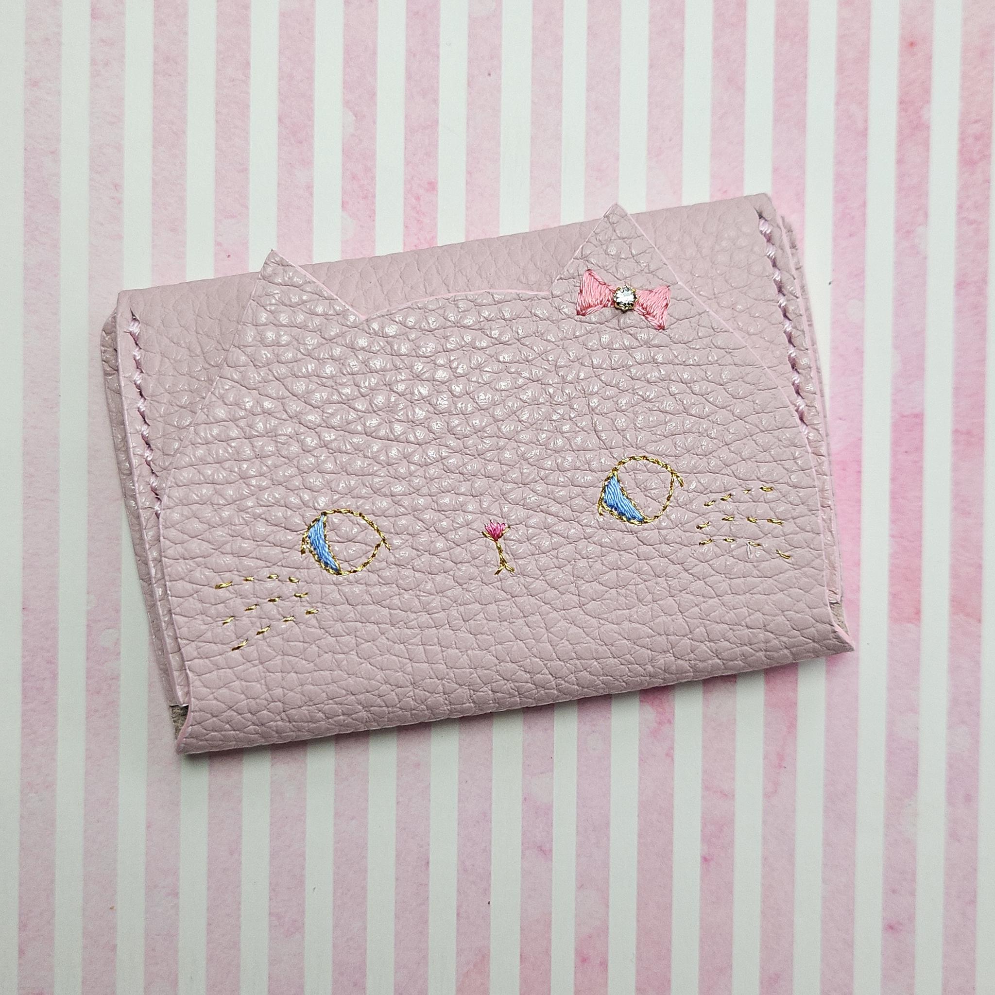 【受注制作】ねこのお顔　名刺入れ（カードケース）ピンク　イタリアンレザー1枚目の画像