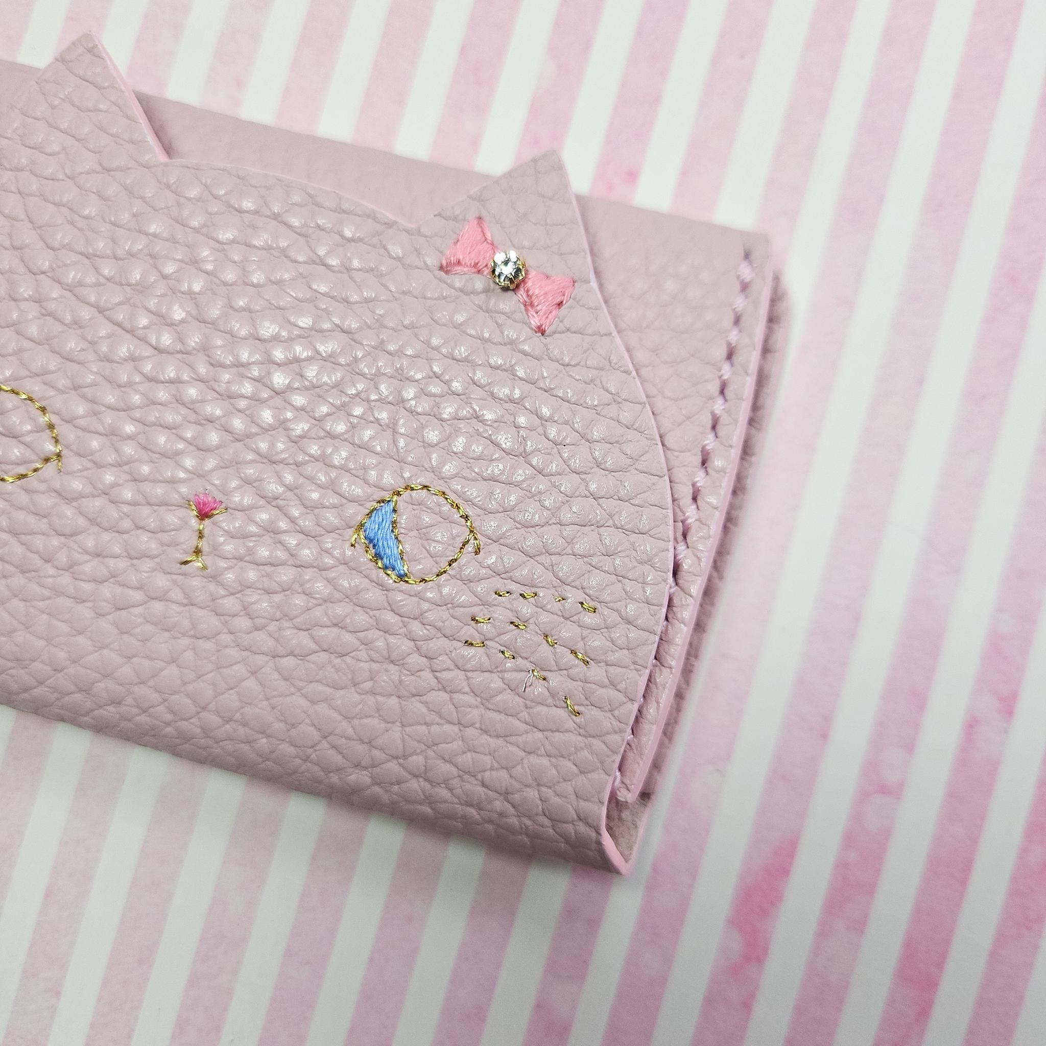 【受注制作】ねこのお顔 名刺入れ(カードケース)ピンク イタリアンレザー | 4枚目